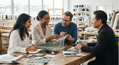 Team reviewing fabric samples